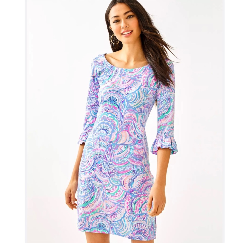 Lilly Pulitzer Sophie Ruffle Sleeve Dress UPF 50+ Happy as a Clam Pink Blue XS